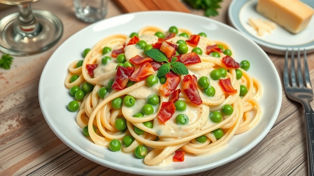 Classic Italian Carbonara with Peas Recipe A plate of carbonara with peas, topped with parsley, served with a glass of white wine and Parmesan cheese.
